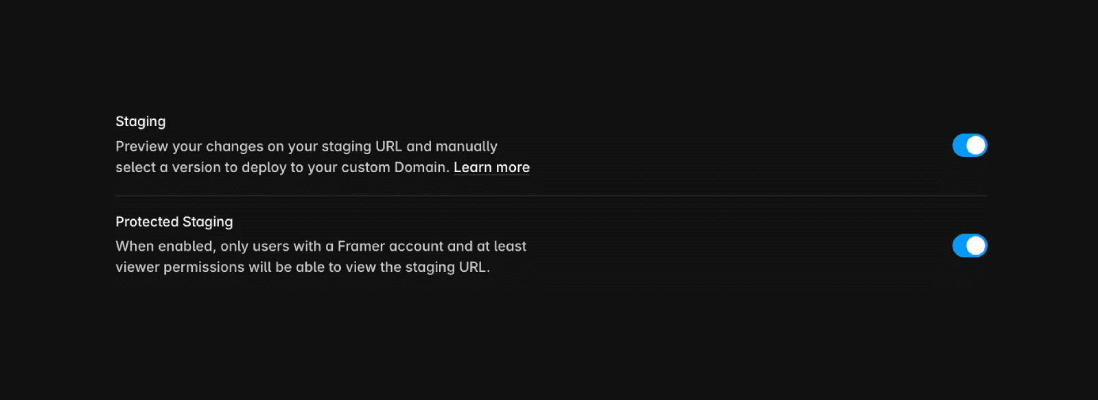 Screenshot of a staging settings interface with options to enable or disable staging. 'Disable Staging' deploys the latest version to all domains, while 'Enable Staging' allows manual version selection for a staging environment.