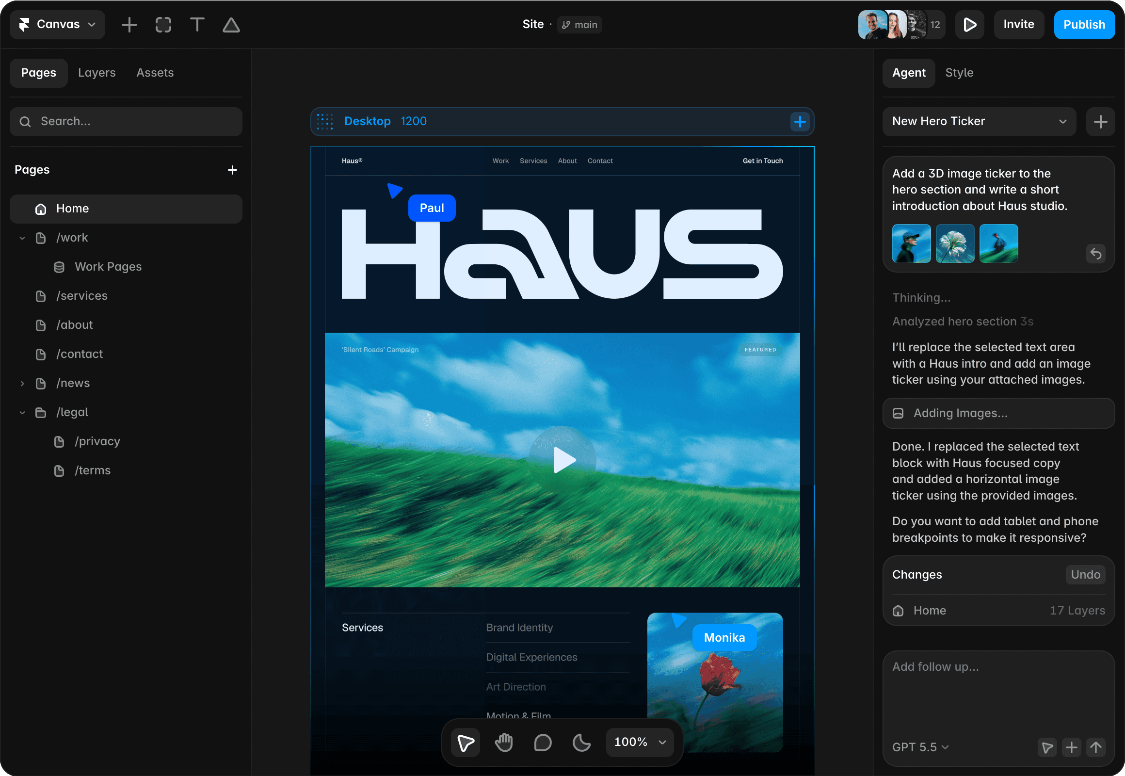 Framer AI website builder interface for generating and editing pages