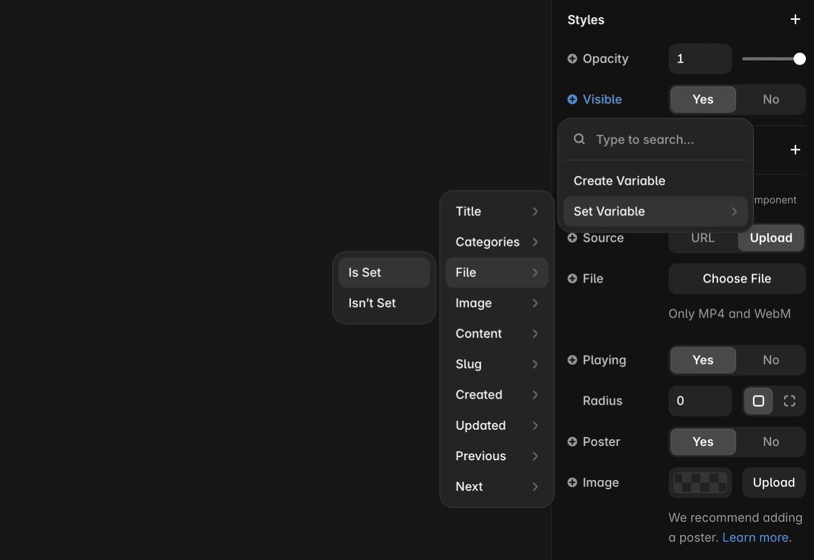 Screenshot of Framer's Styles panel showing how to set up conditional visibility for a video component. The panel displays the 'Visible' option with 'Set Variable' selected, showing the 'Video URL' field with the 'Is Set' condition highlighted. This demonstrates how to make a video component only appear when a CMS item has video content available.