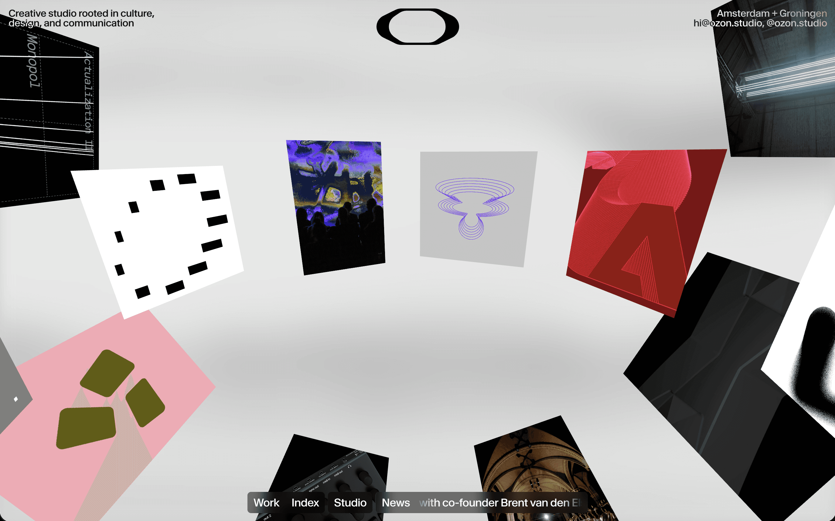 Ozon Studio website with floating graphic design artworks in a three-dimensional gallery