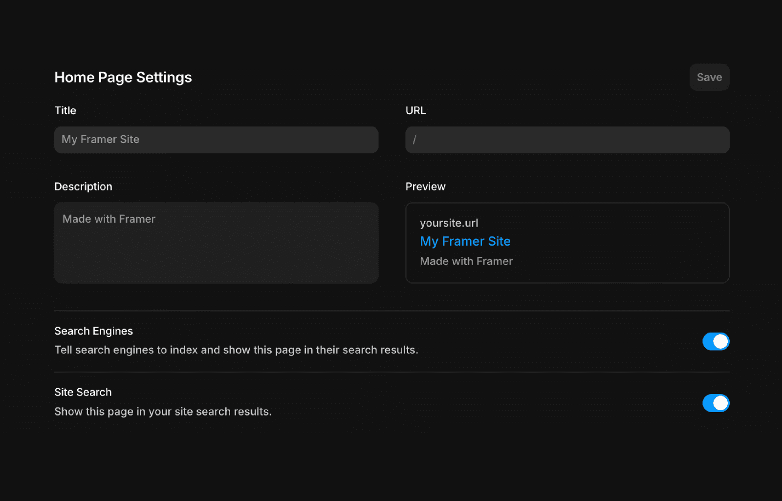 UI showing home page settings of a Framer project, including page title, language and site description, and two options to show the page to search engines and show the page in site search