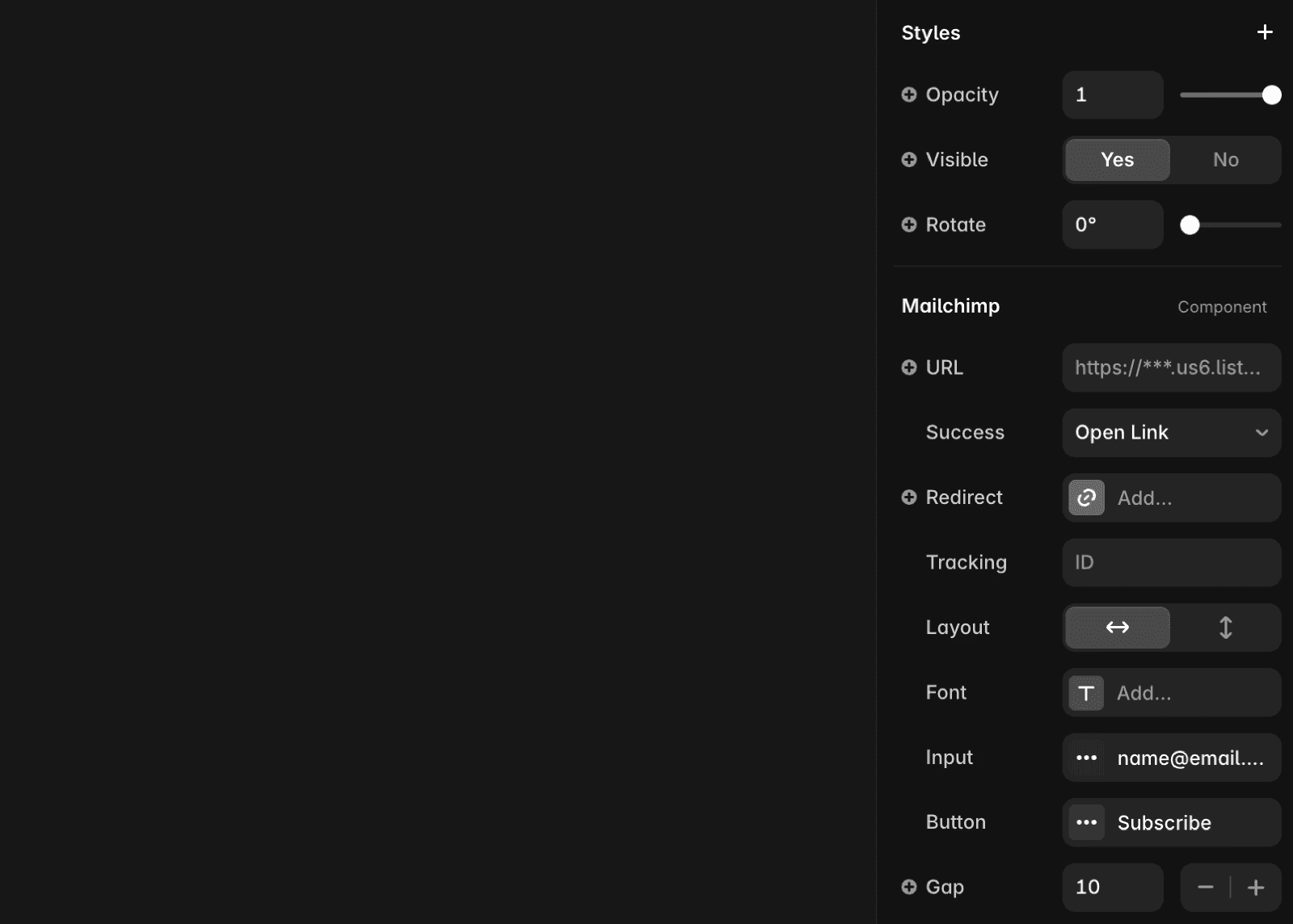 Screenshot of a settings panel for a Mailchimp integration.