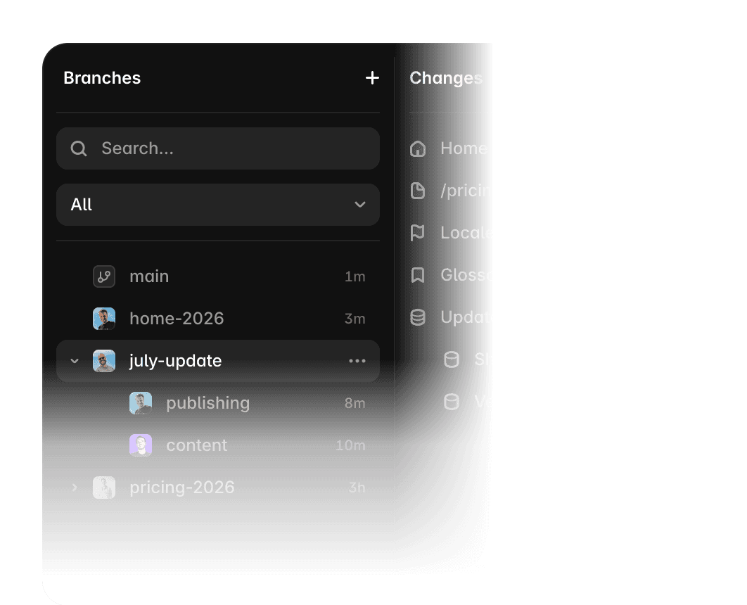 Framer hosting interface showing branch-based publishing controls