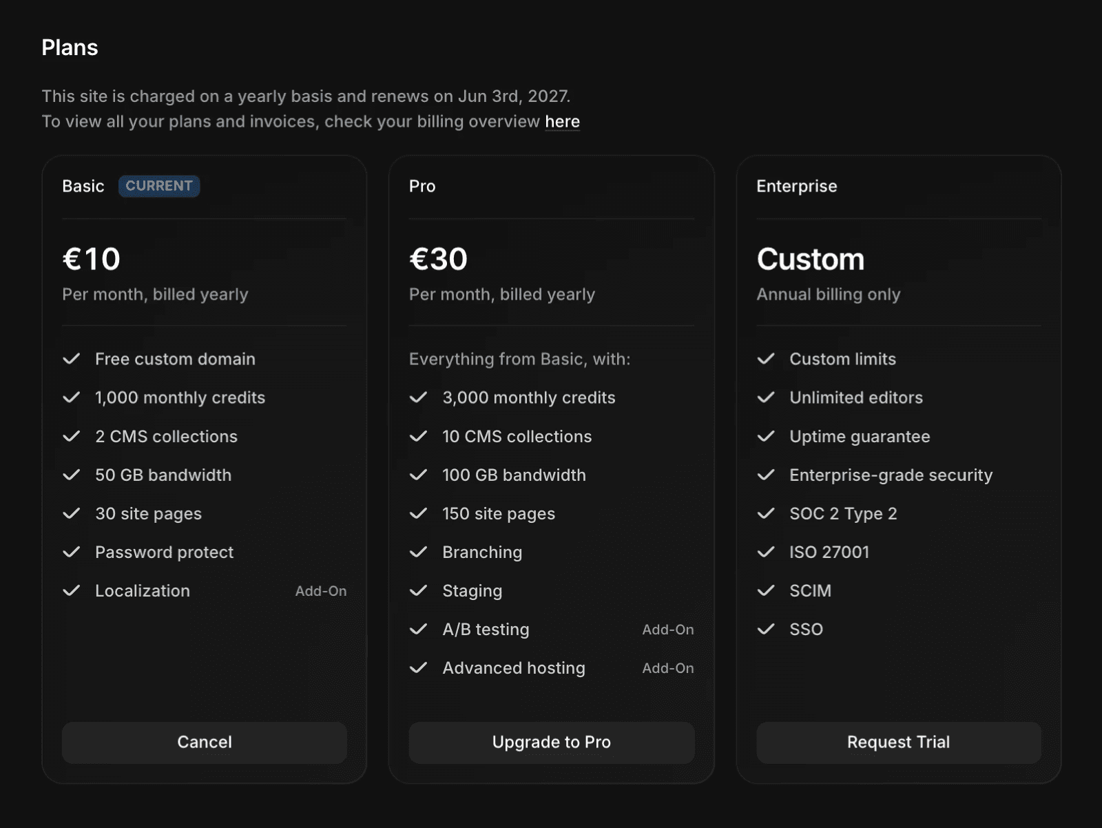 Screenshot of Framer site settings showing the Plans tab