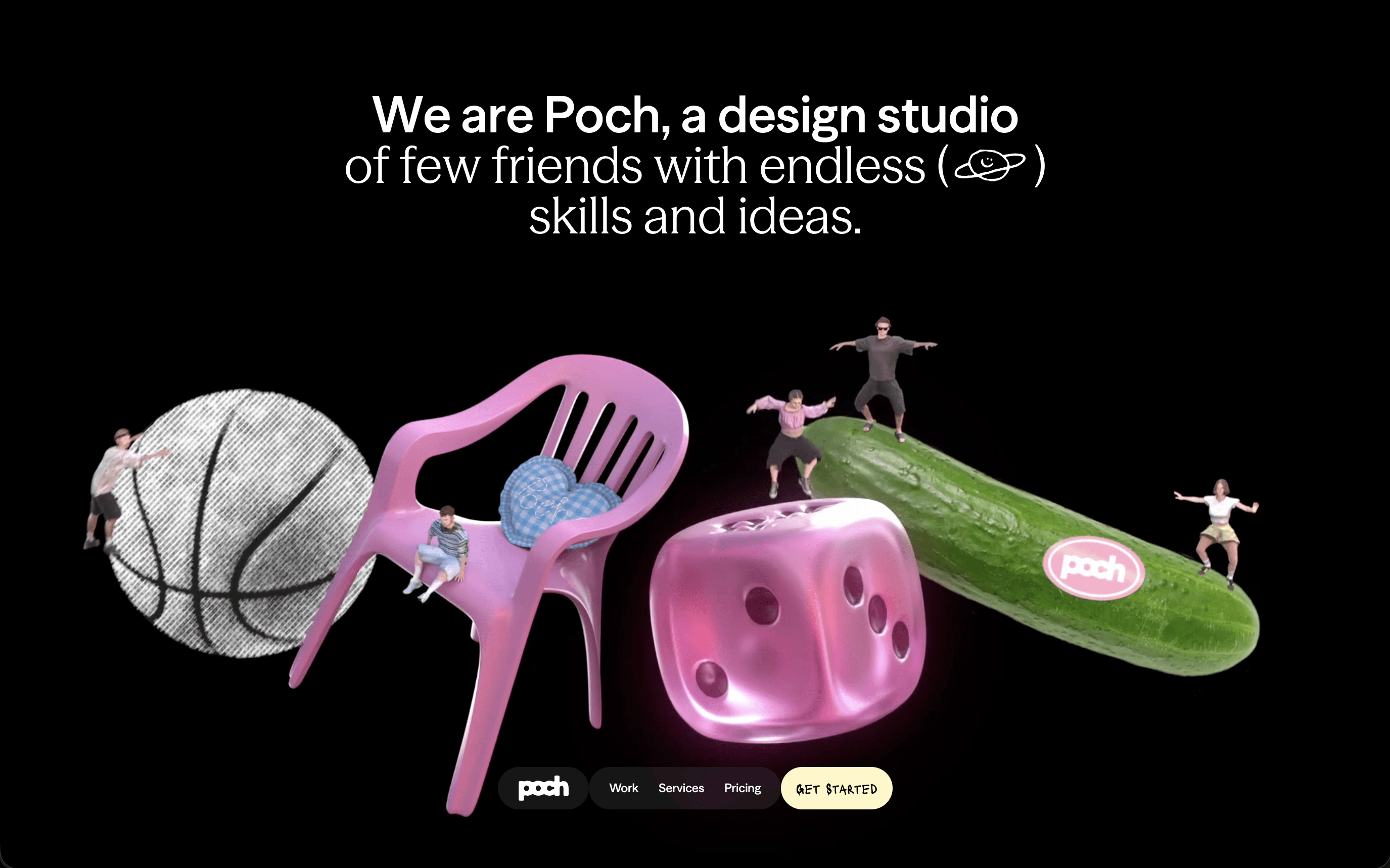 Poch design studio website with oversized pink objects and miniature people on a black background