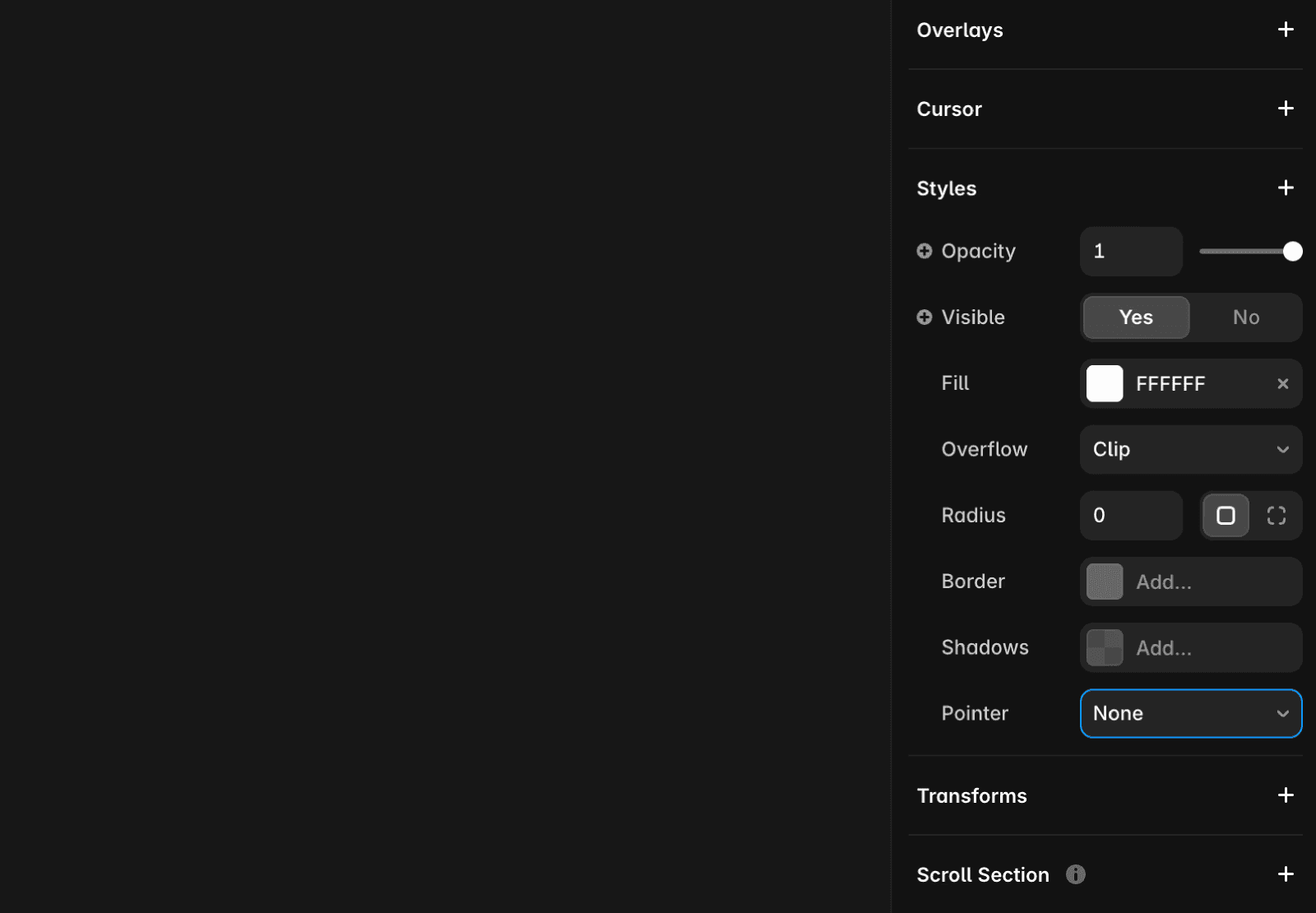 Screenshot of Framer's Properties panel showing style settings. The Pointer property is visible at the bottom of the panel with "None" selected from the dropdown menu. Above it are other style properties including Opacity, Visible (set to "Yes"), Fill (set to "F2F2F2"), Overflow (set to "Hidden"), Radius, Border, and Shadows. The panel has a dark theme interface with white and gray text.