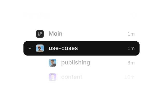 Branches interface preview showing collaborative versioning features