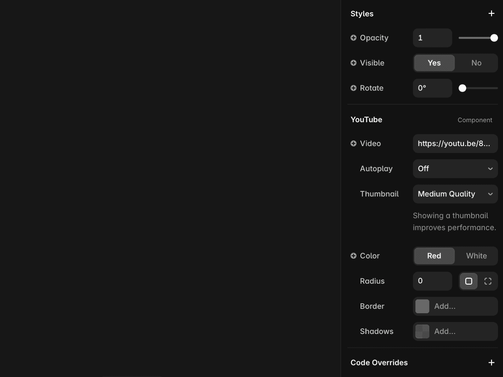 Screenshot of the right menu that show the different options of the Youtube component inside Framer.