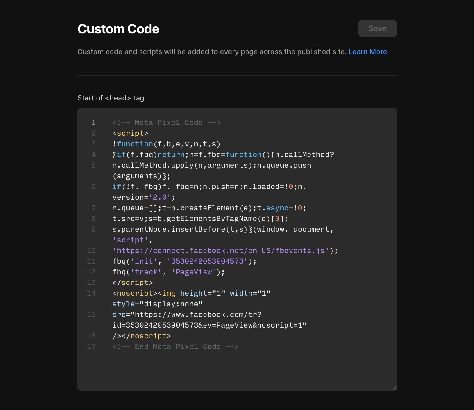 Screenshot of a 'Custom Code' editor interface displaying JavaScript for Meta Pixel integration.