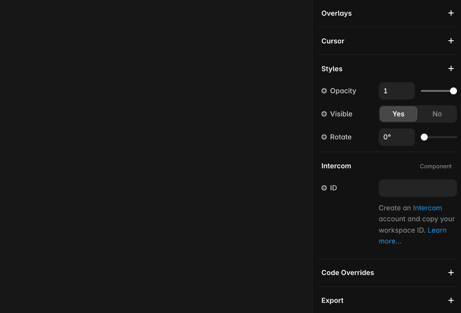 The 'Intercom' section features a field for entering a workspace ID, with a link to learn more about creating an Intercom account.