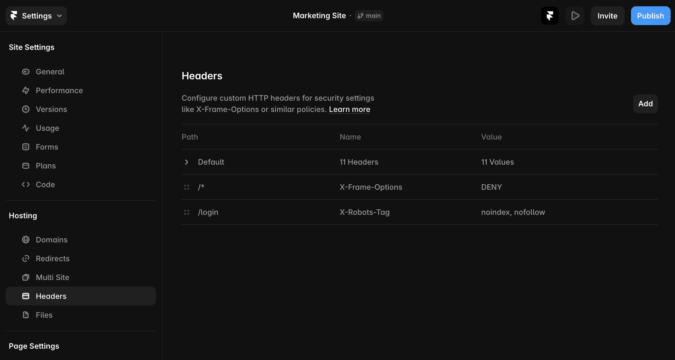 Site Settings → Hosting → Headers showing the Default row and custom headers for /* and /login.