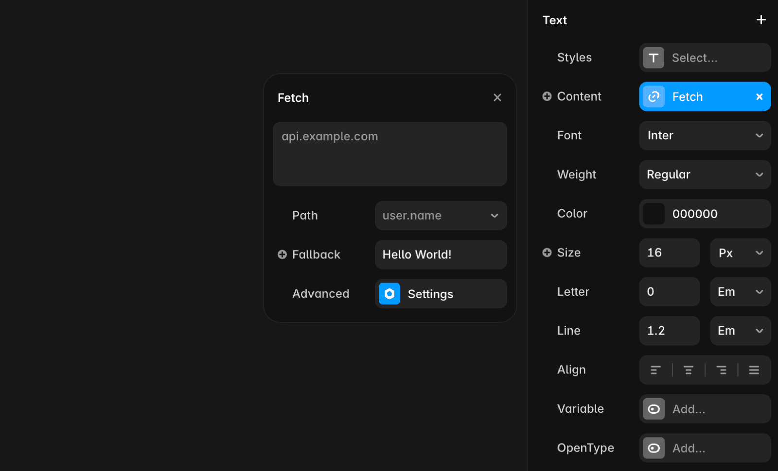 A user interface panel Framer, displays options for a Fetch API request, with editable fields for URL, path, and fallback text, alongside customizable text styling settings like font, size, and color.