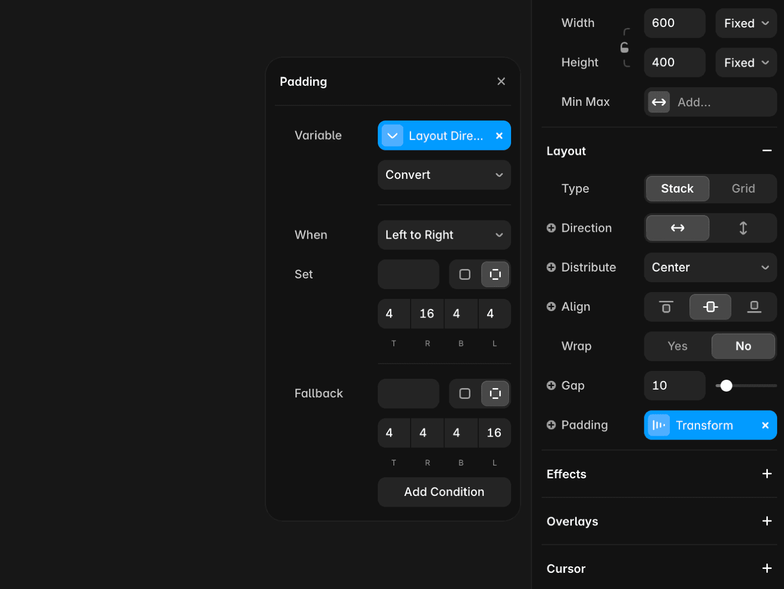 Framer padding settings panel showing a layout-direction variable that conditionally swaps top, right, bottom, and left padding values when the layout direction is left-to-right or right-to-left.