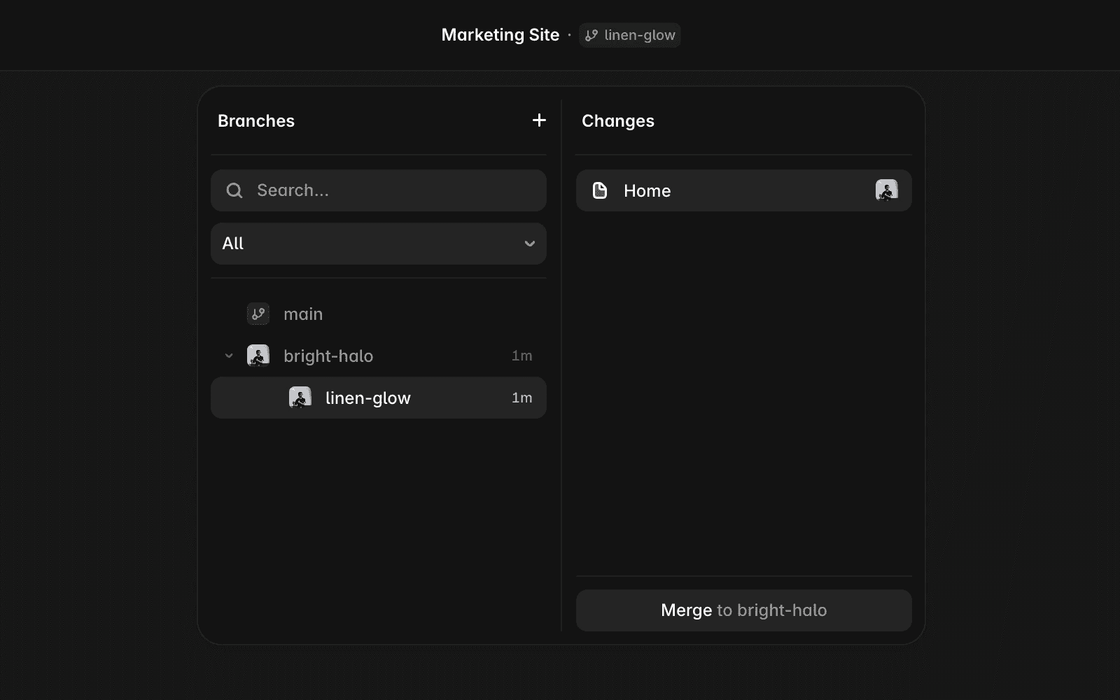 Framer branch selector showing how to create a branch from an existing branch.