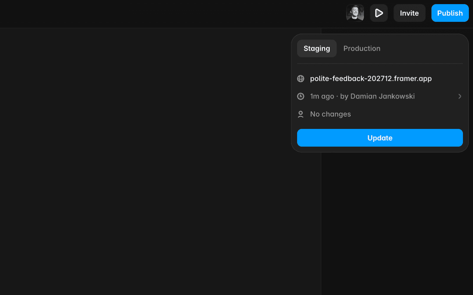 Screenshot of a web publishing interface showing a dropdown for staging and production environments.