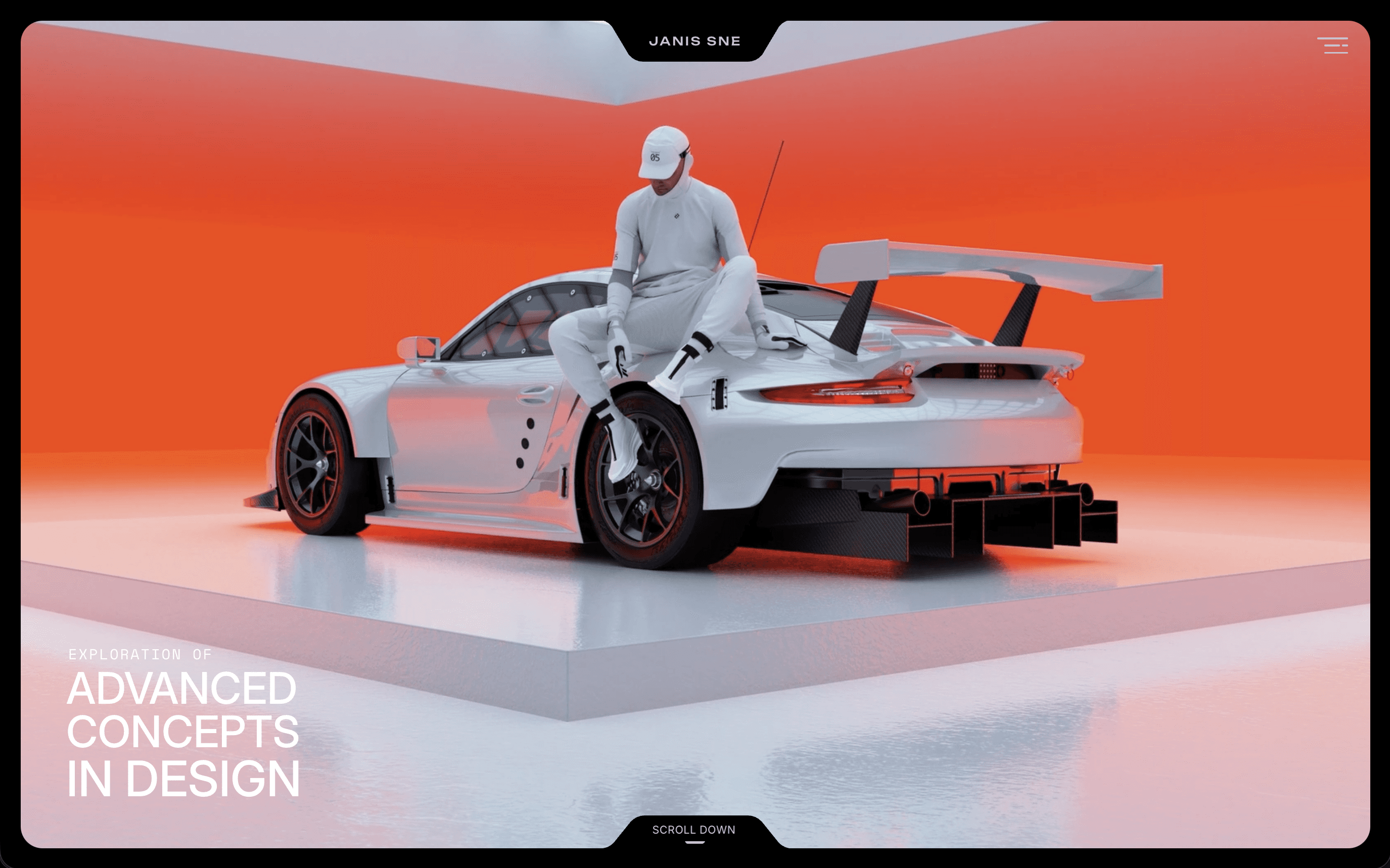 Janis Sne website showing a person seated on a white sports car against an orange background