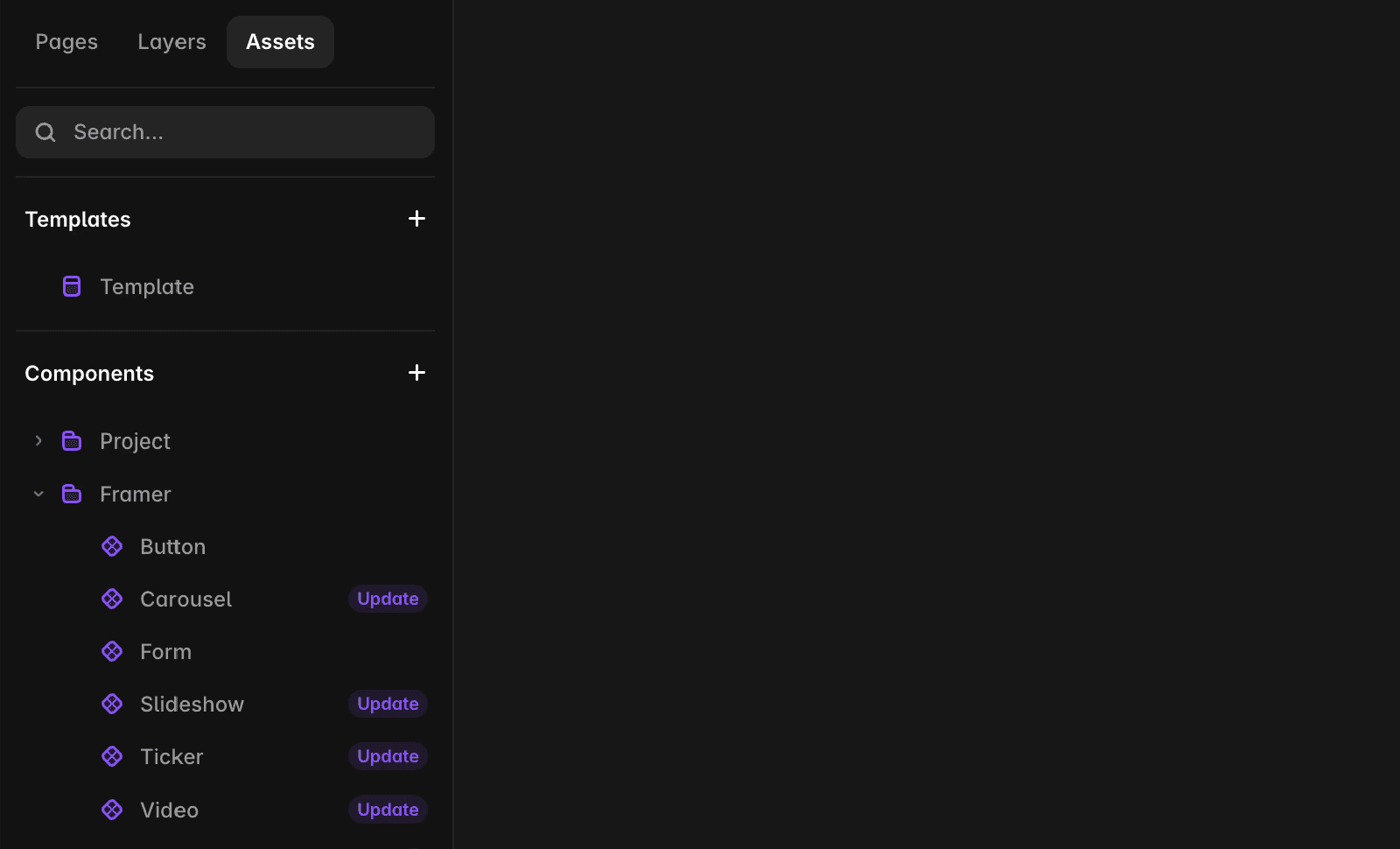 The Assets panel inside the Framer editor.