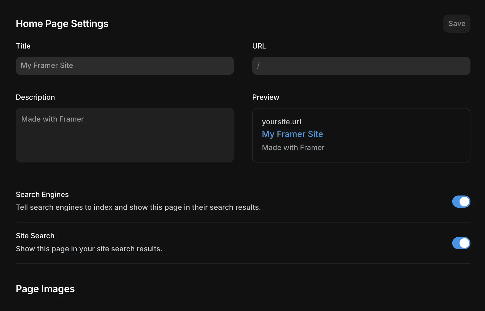 Page Settings panel showing the Search engines toggle option in Framer