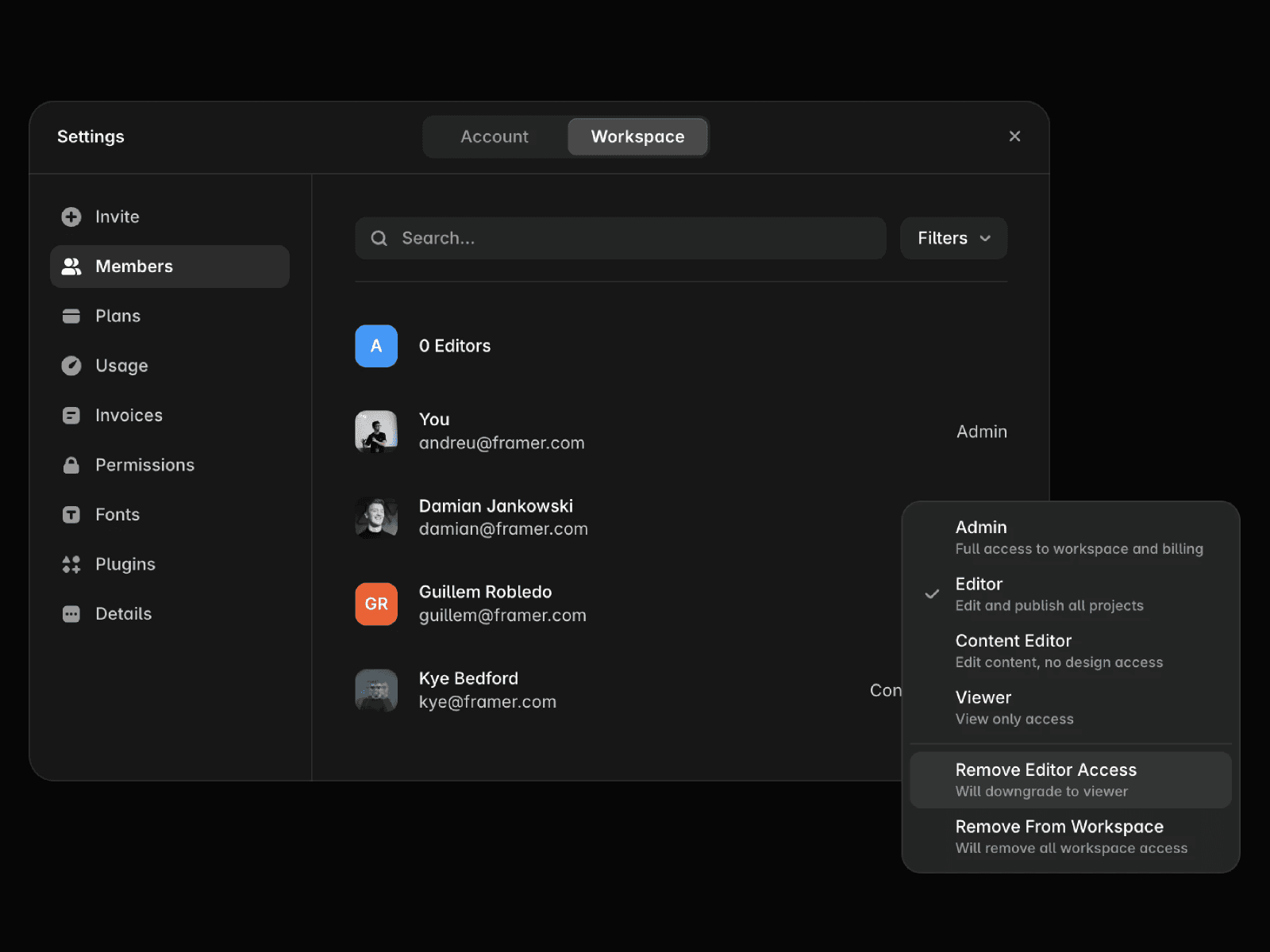 Workspace members settings showing the option to remove a member from the team.