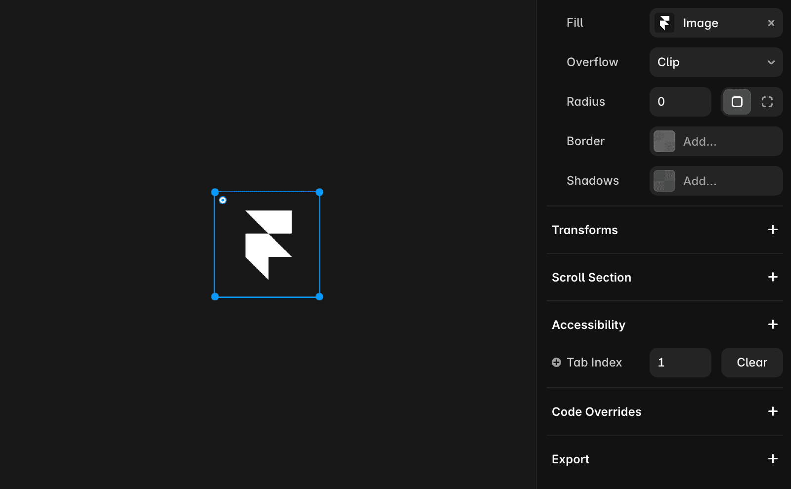 A screenshot of a design tool showing a logo element in the center with style and accessibility settings displayed on the right panel. The logo resembles a geometric "F" made of white triangles on a black background.