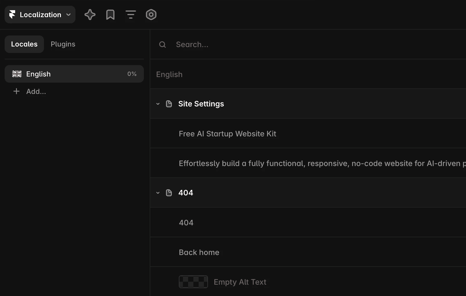 Framer's Localization interface showing the localization panel with English (0% complete) as the current locale and an 'Add...' button below it. The right side displays a translation table with English source text in the left column and target language columns. Site Settings and 404 page sections are visible in the content area, along with navigation options for Translate, Filter, Settings, and Plugins in the top toolbar.
