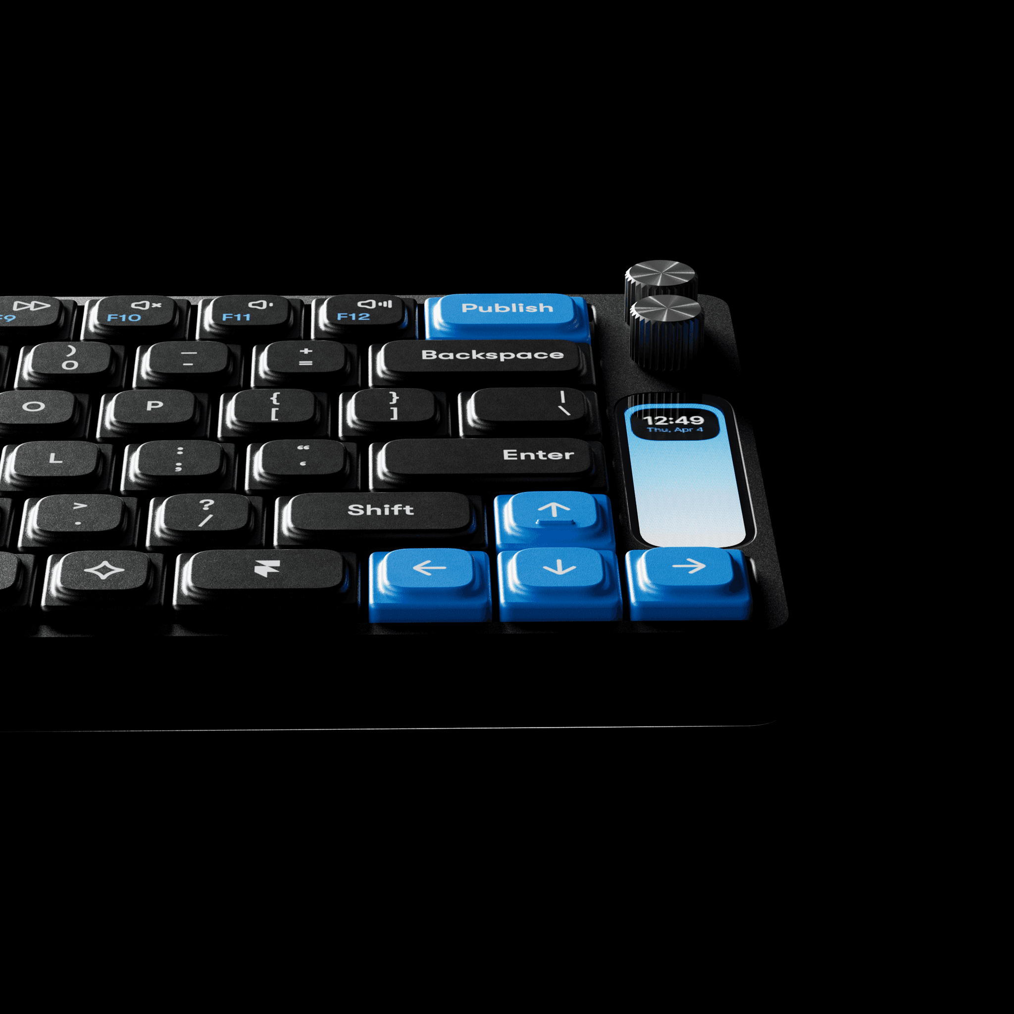 Detailed view of the Framer F1 keyboard's publish key, designed with brand-quality materials and finish.