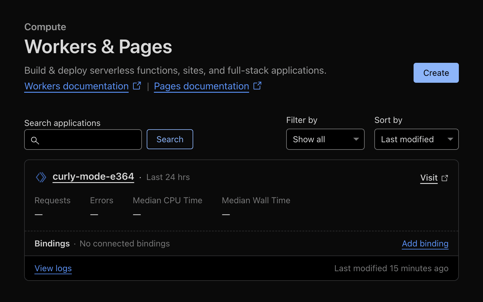 The Cloudflare dashboard's "Workers & Pages" section showing the interface for creating and managing serverless functions. The screen displays a worker named "curly-mode-e364" with no active requests, errors, or performance metrics, and no connected bindings. There's a blue "Create" button in the top right corner and options to add binding, view logs, and filter applications. The interface uses Cloudflare's dark theme.