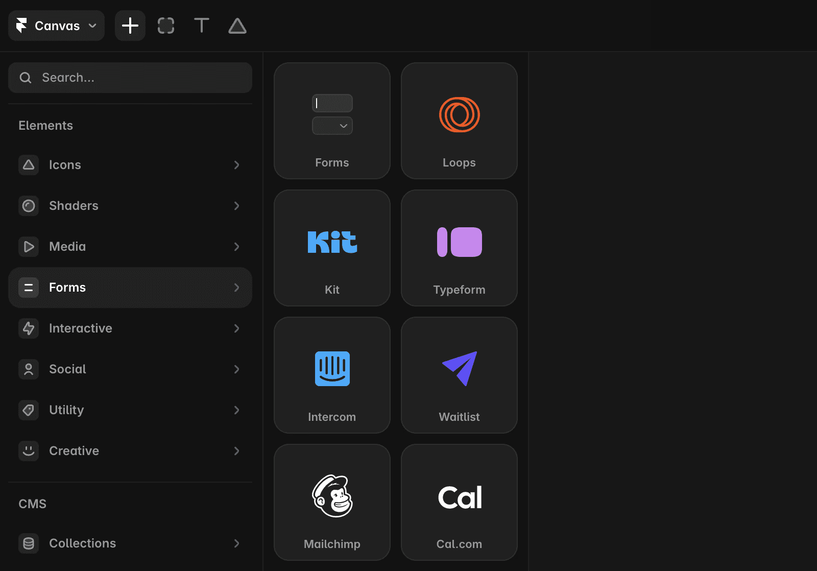 Screenshot of the Forms menu in the Insert panel that show the different Forms options.