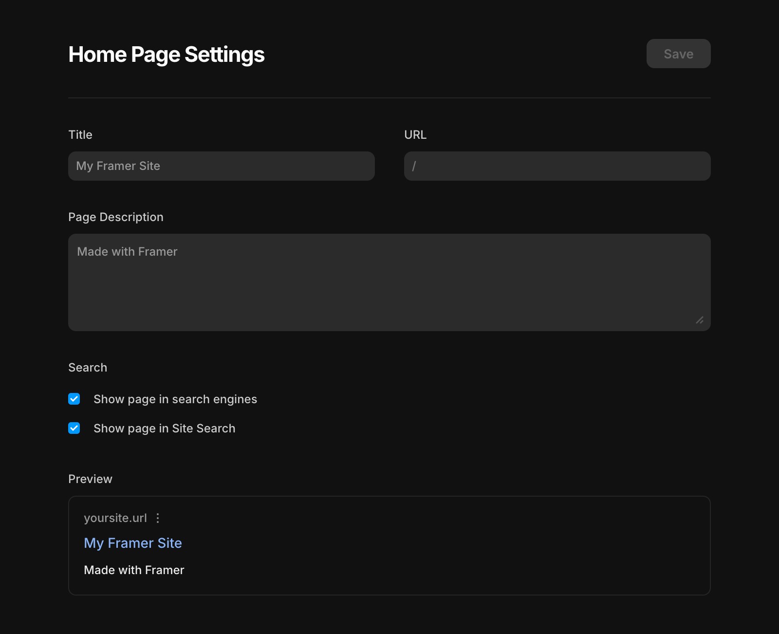 UI showing Home Page settings in Framer project