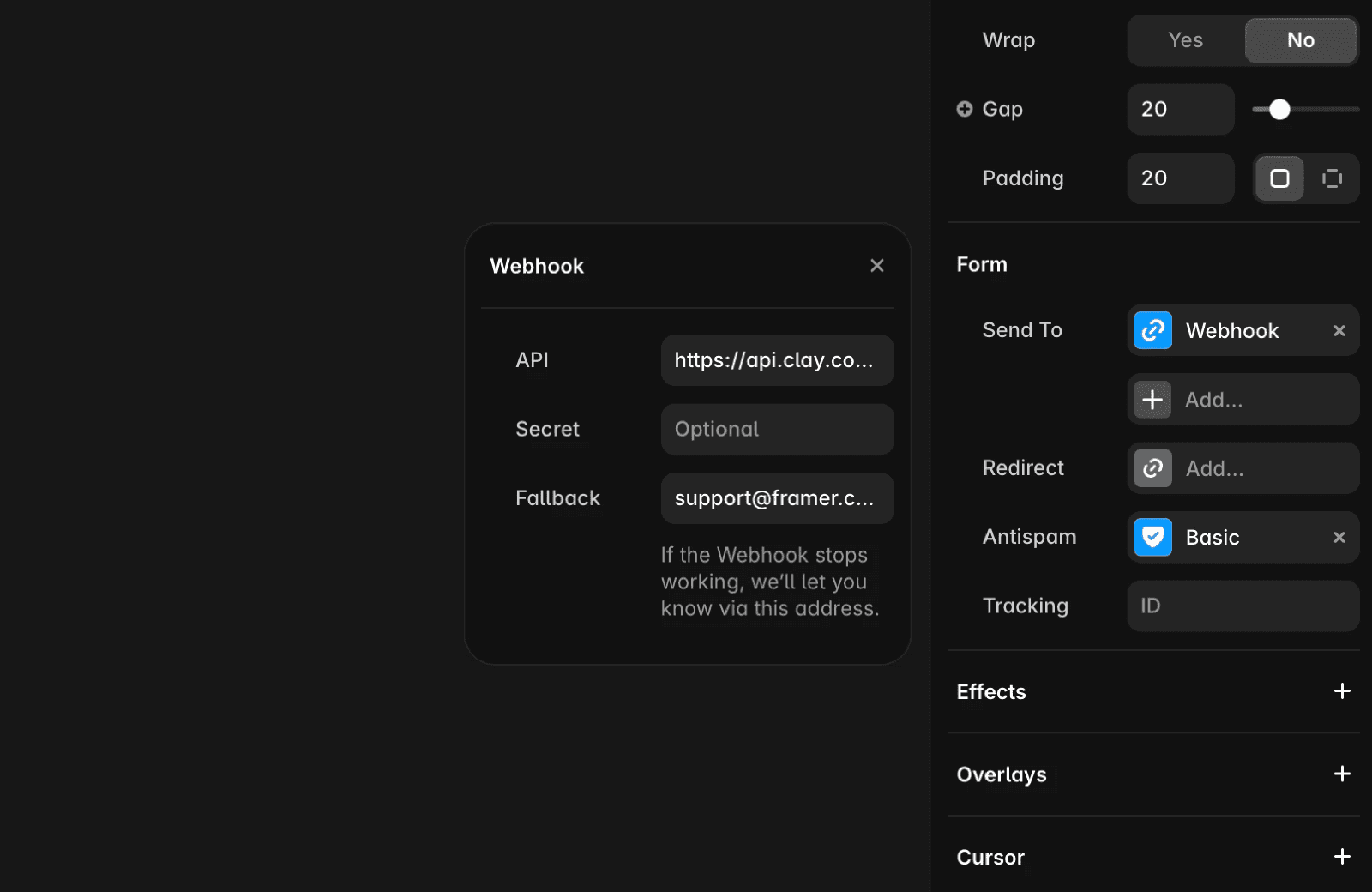 Framer form configuration panel showing the Send To field set to Webhook with a Clay API URL, alongside a webhook setup dialog displaying API endpoint, optional secret field, and fallback email address