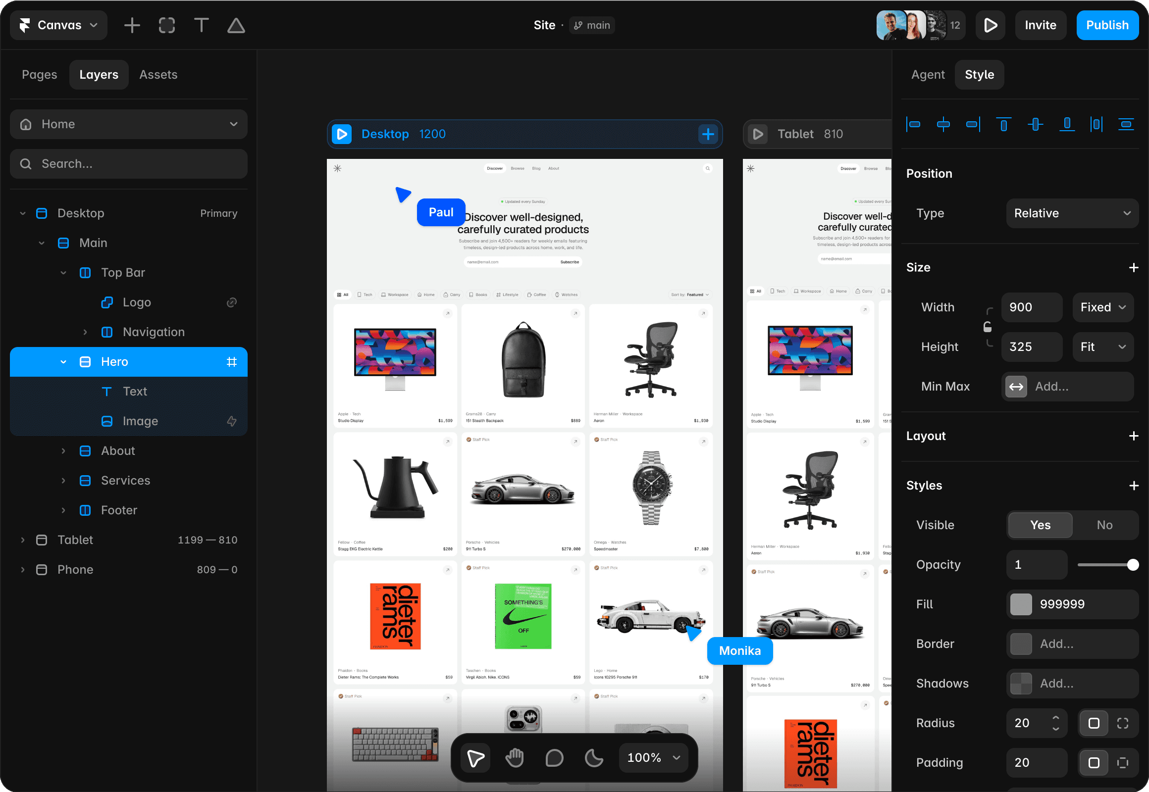 Framer responsive canvas showing a website across breakpoints