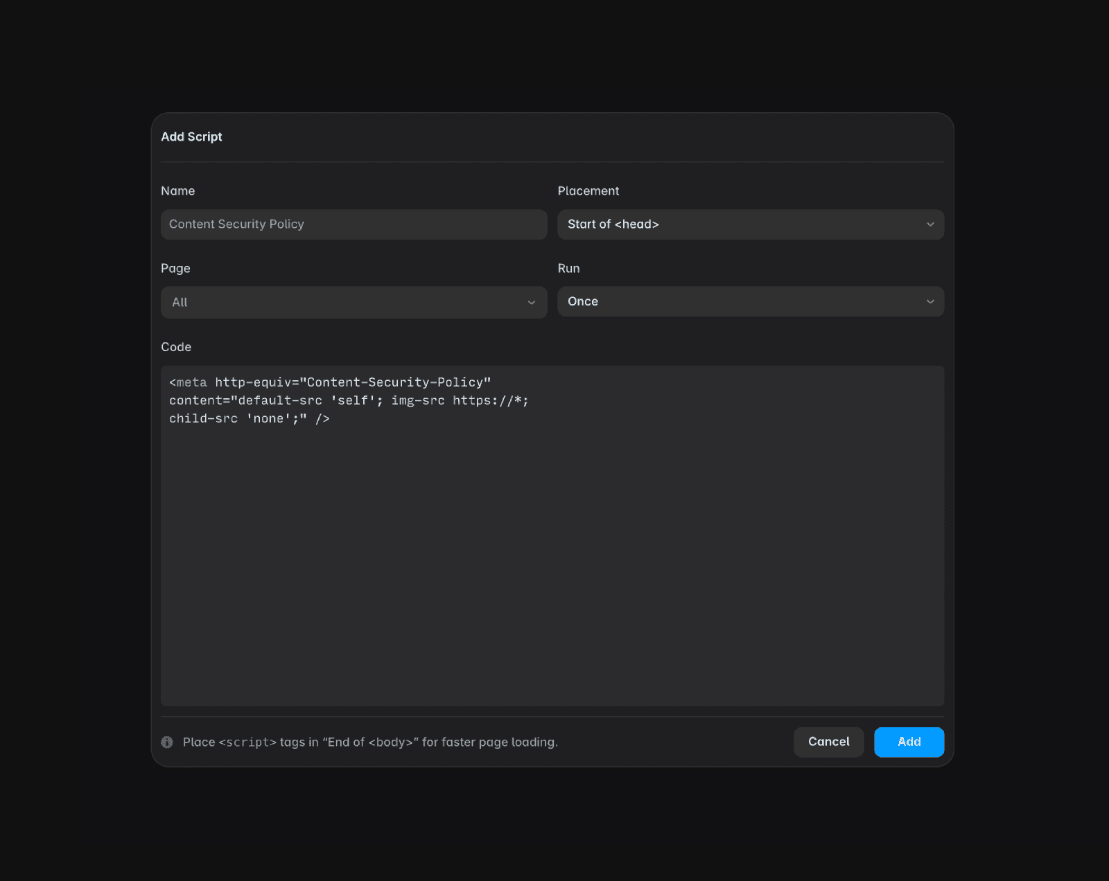 Custom Code section the Page Settings.