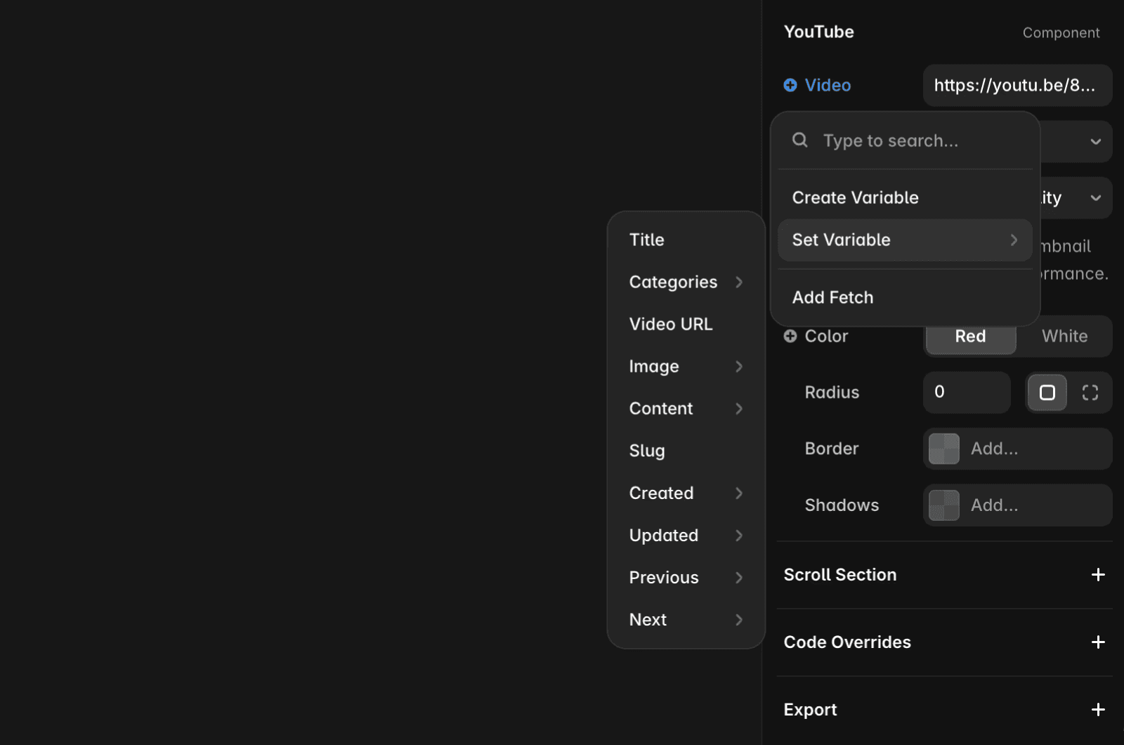 Framer's YouTube component settings panel showing how to connect a CMS video URL variable. The interface displays the Styles section with Opacity and Visibility controls, followed by the YouTube component settings where a user can select 'Set Variable' from a dropdown menu to connect the 'Video URL' field from their CMS collection.