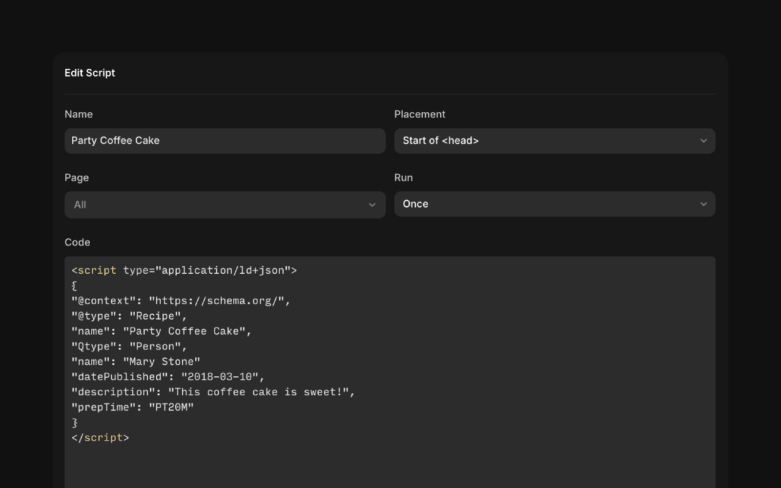 Screenshot of Framer Custom Code settings showing a JSON-LD script added to the site <head>.