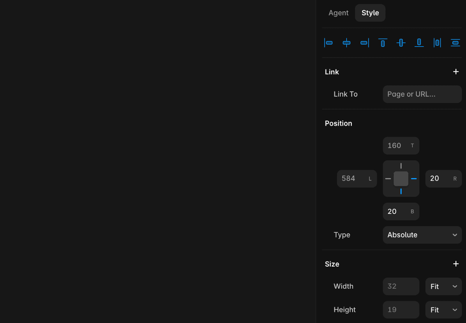 Shows the Position options in the right menu.