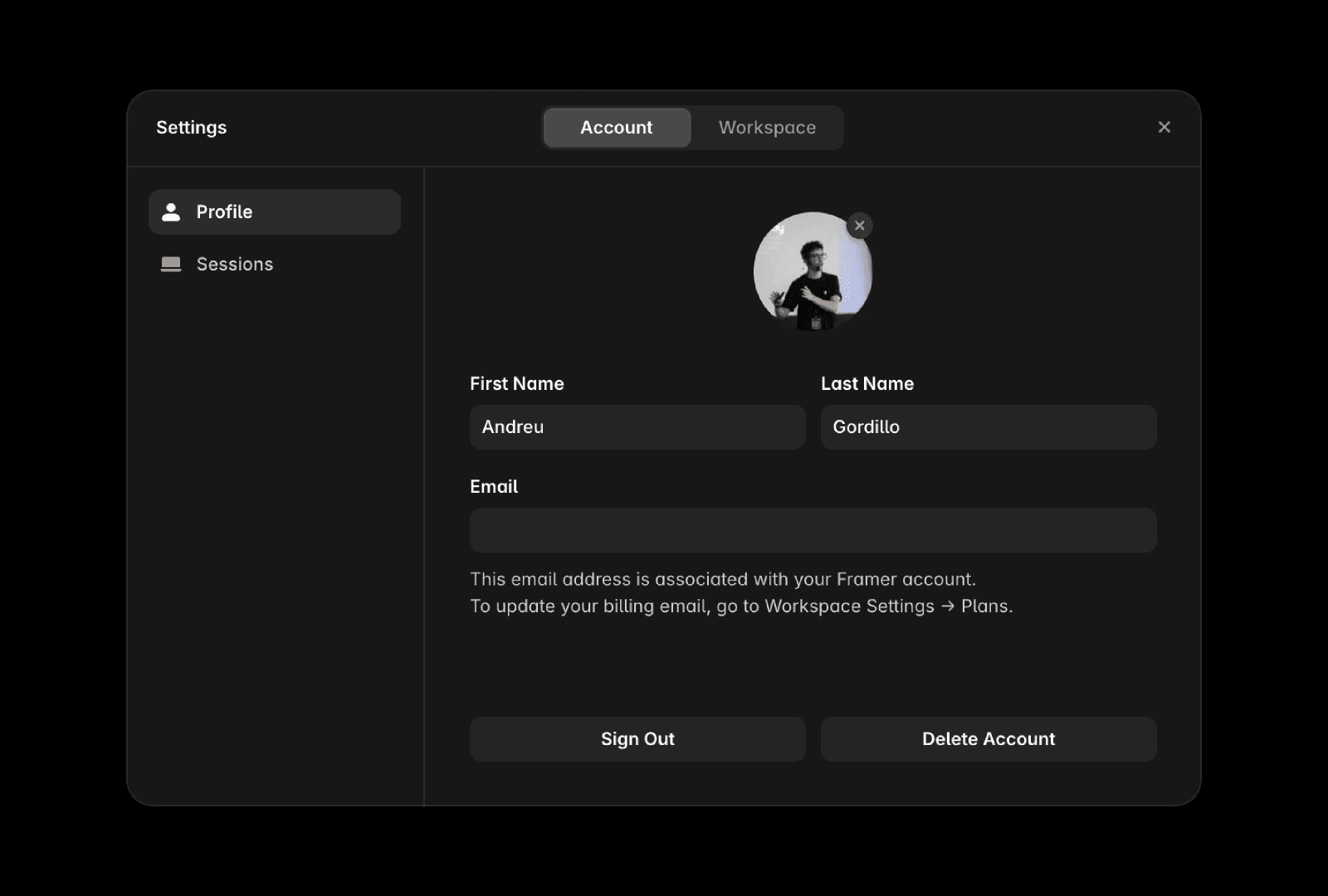 Account settings screen showing the Delete Account option in Framer.