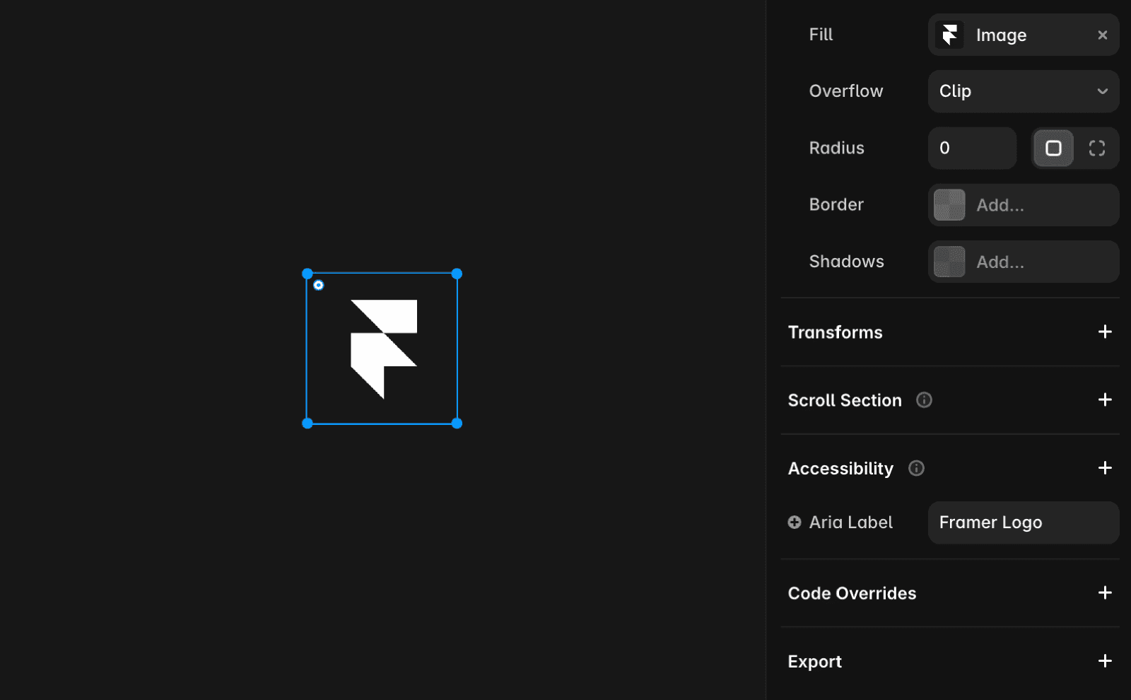 A design tool interface with a dark background, showing a selected logo labeled "Logo" in the center. The right panel includes style settings such as opacity, visibility, fill, overflow, radius, and rotation. Under the Accessibility section, the Aria Label is set to "Framer Logo."