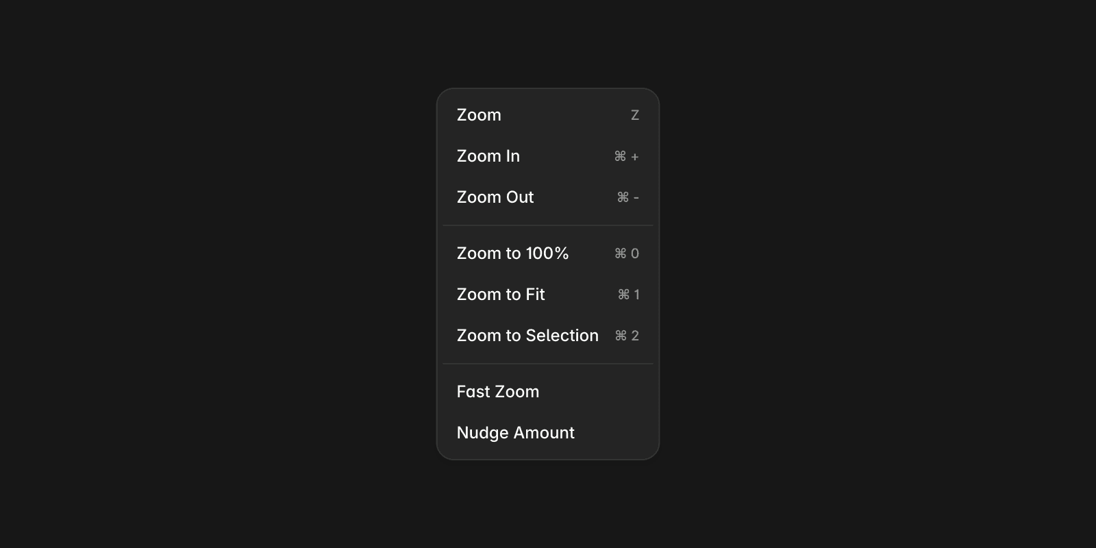 A dark interface with a bottom toolbar displaying a pointer icon, hand tool, comments icon, a light/dark mode toggle, and a zoom dropdown set to 100%. The dropdown menu is expanded, showing zoom options such as "Zoom In," "Zoom Out," "Zoom to 100%," "Zoom to Fit," "Zoom to Selection," "Fast Zoom," and "Nudge Amount," each with corresponding shortcuts.