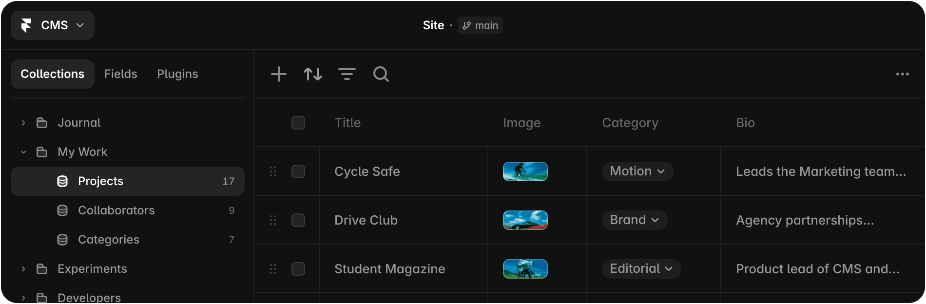 Framer CMS collections interface preview