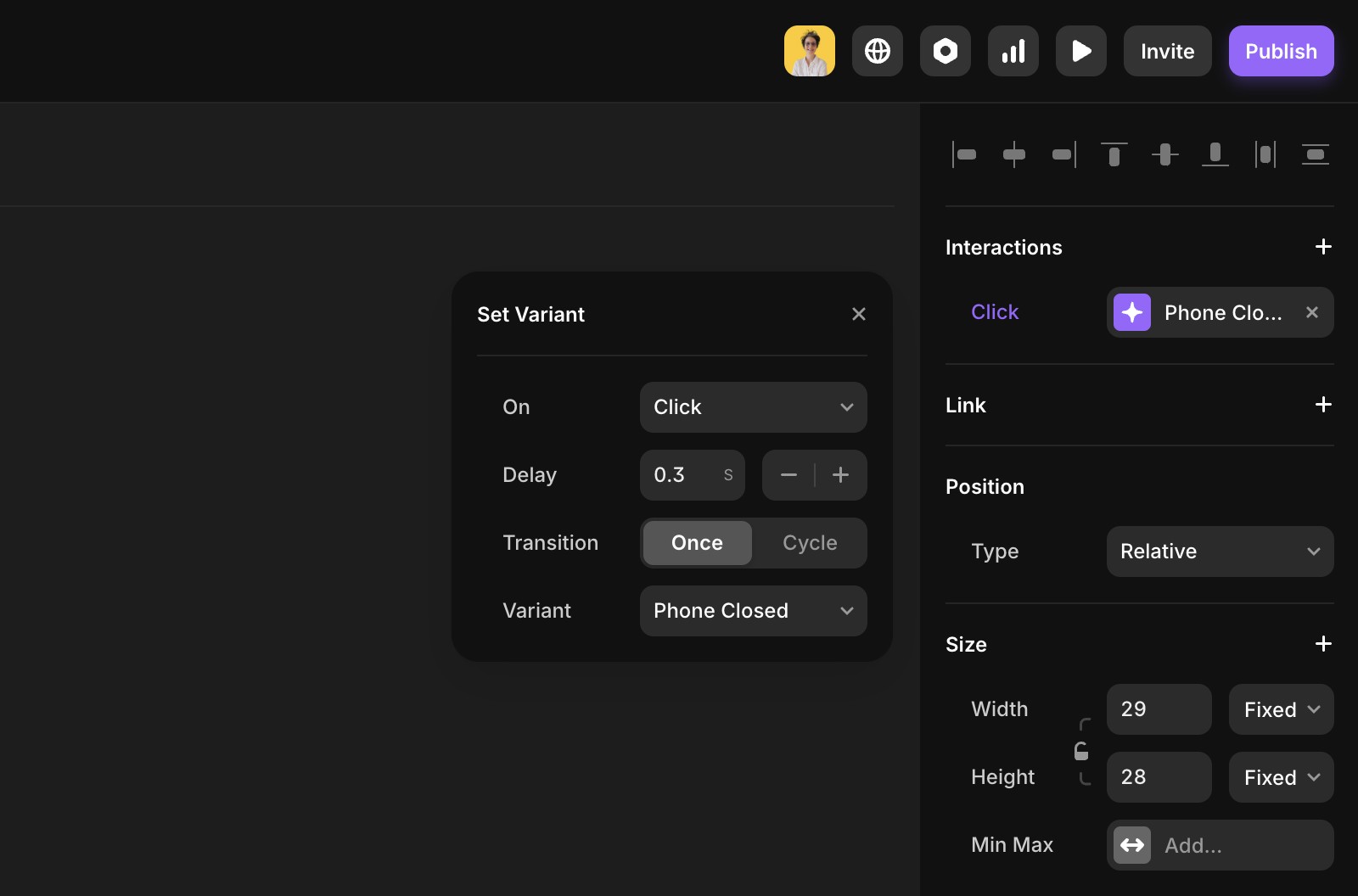 Screenshot showing how to add a transition to a mobile menu in Framer. The interface displays the Interactions panel with the plus icon highlighted, and settings for adding a 0.1s delay for links using absolute URLs.