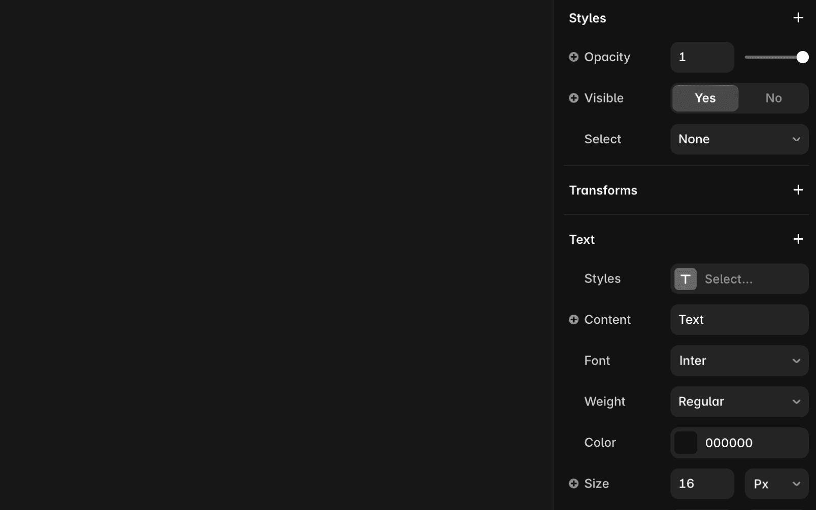 The image shows a dark-themed user interface of Framer, highlighting options for styling, including opacity, visibility, and text customization features.