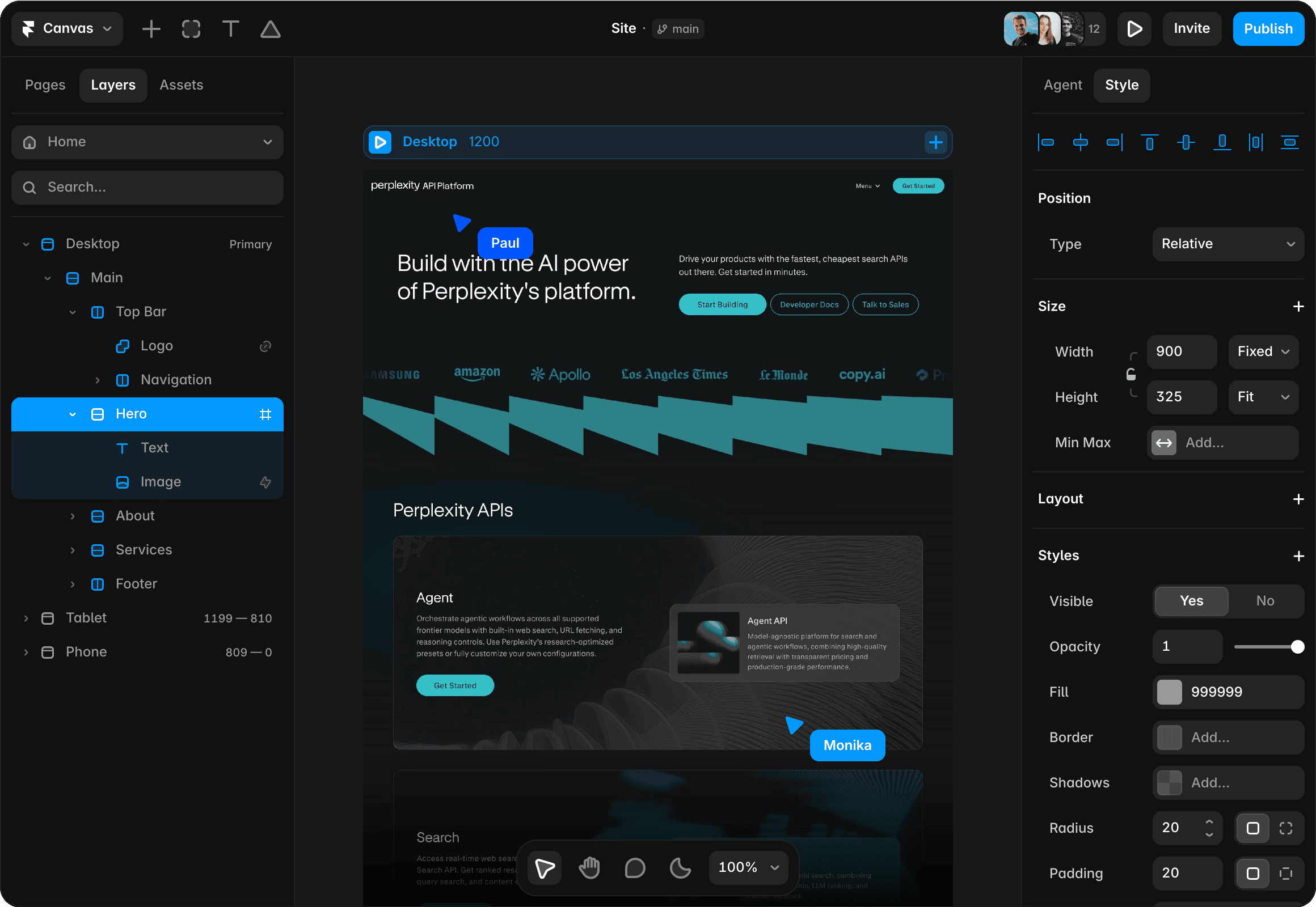 Framer canvas showing responsive no-code website editing