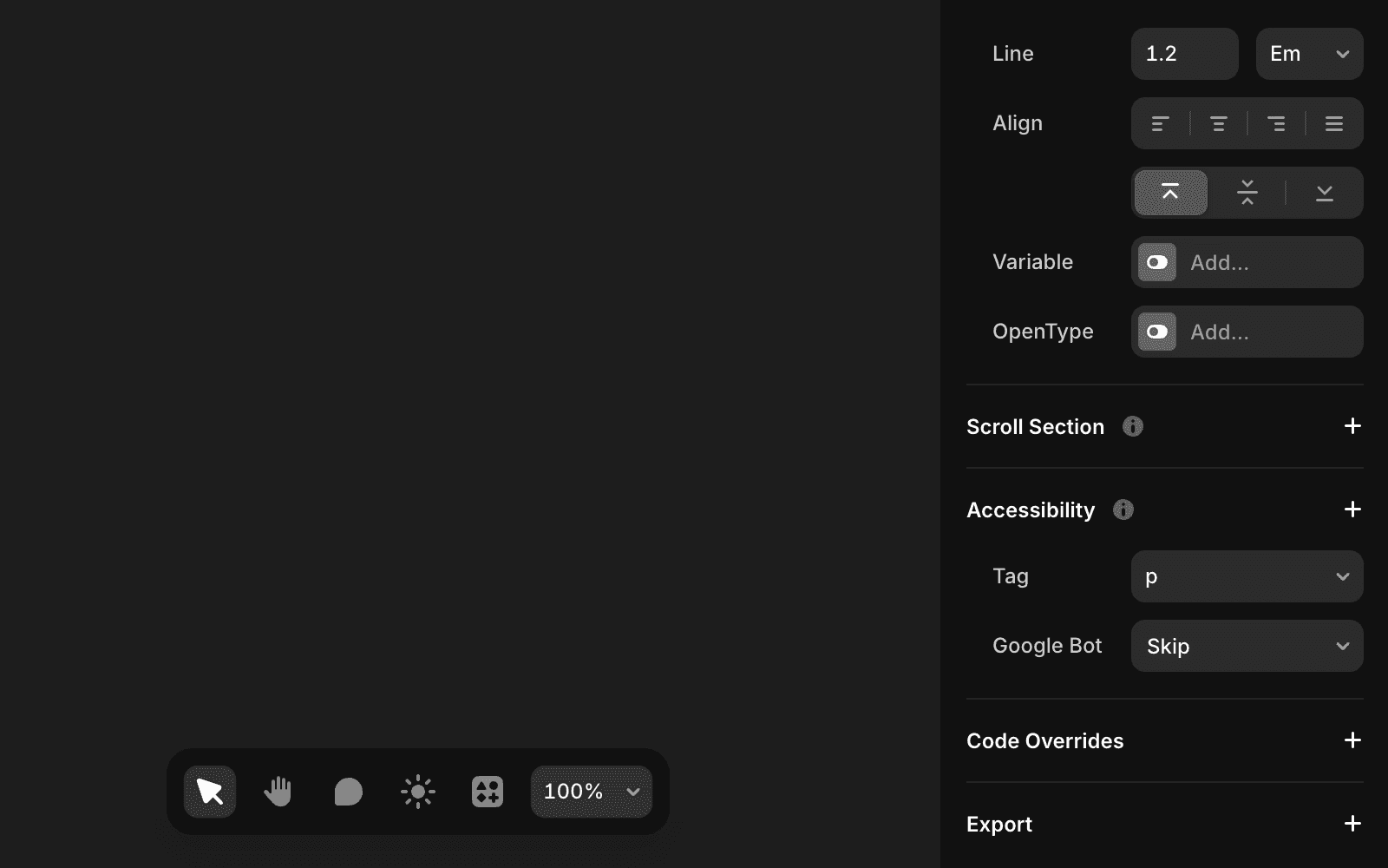 Screenshot of Framer's right sidebar with the Accessibility section expanded, displaying a Tag dropdown set to "p" and a Google Bot dropdown set to "Skip", along with text formatting options above and collapsed Code Overrides and Export sections below.