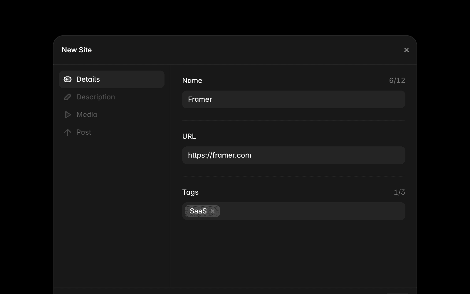 Framer Community Gallery submission form showing fields for website details, screenshots, tags, and a submit button