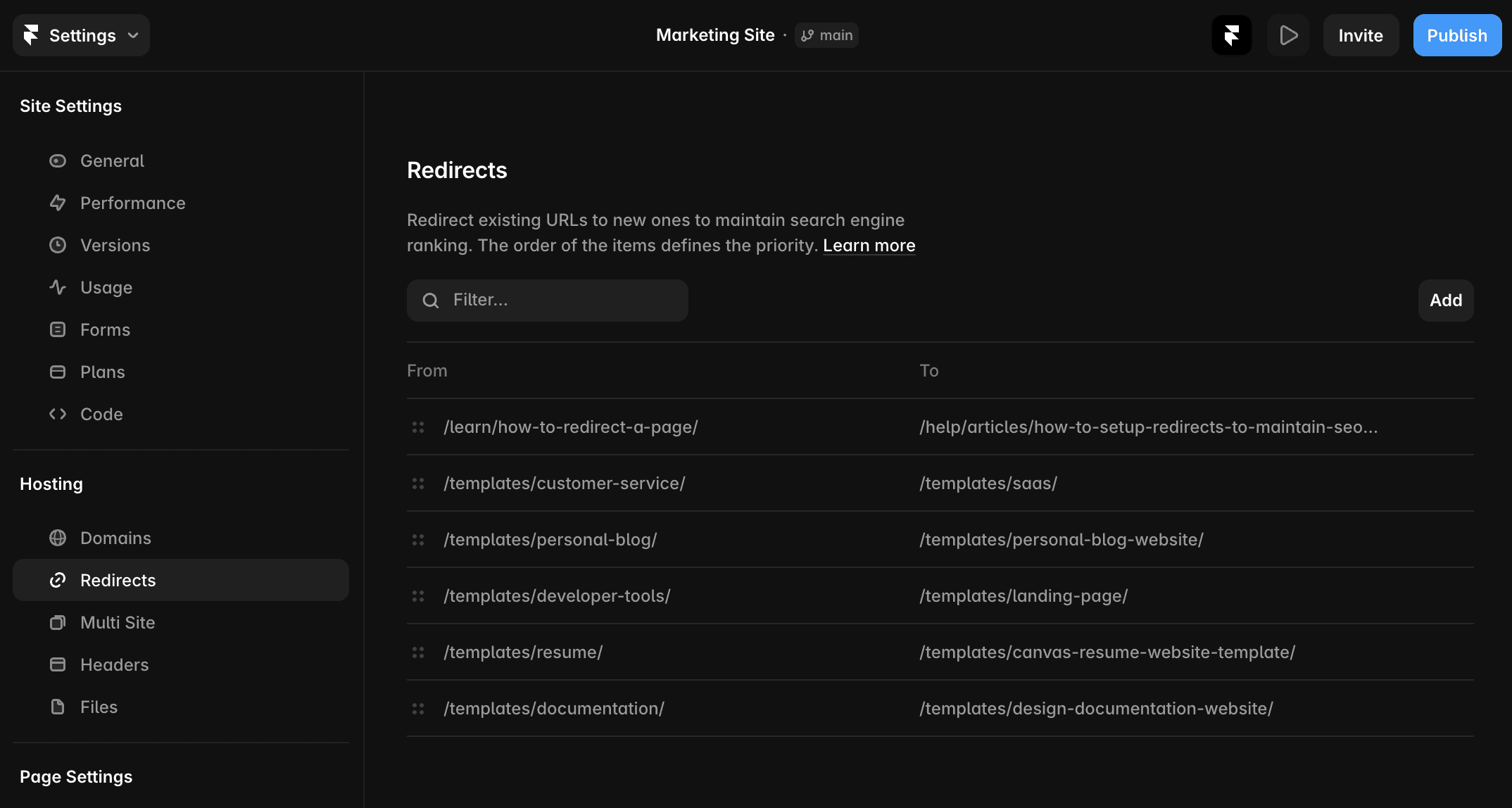 A user interface displaying a list of URL redirects. Each row includes a source URL and its corresponding destination URL.