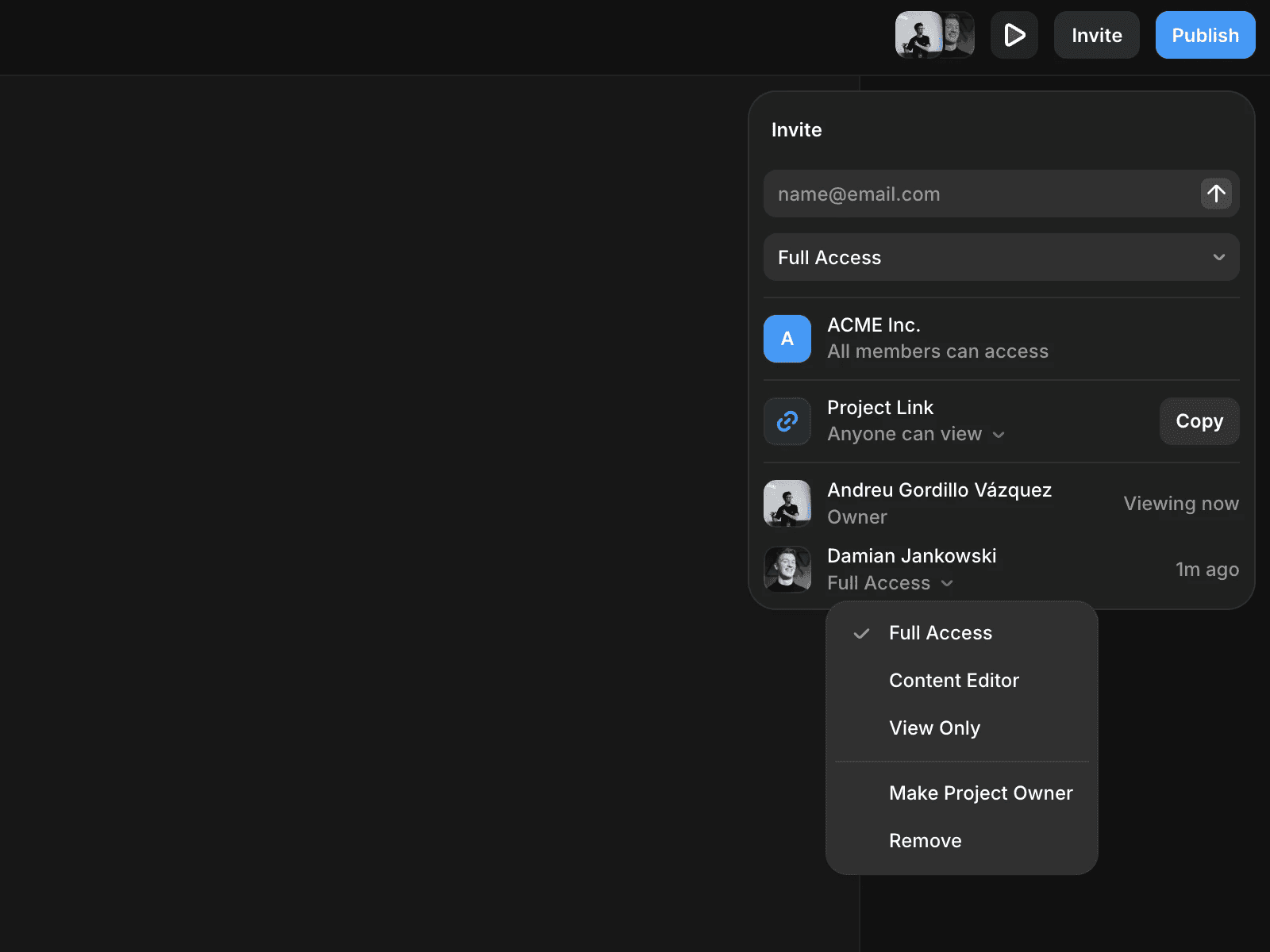 Project member role settings with options to update a member’s access level.