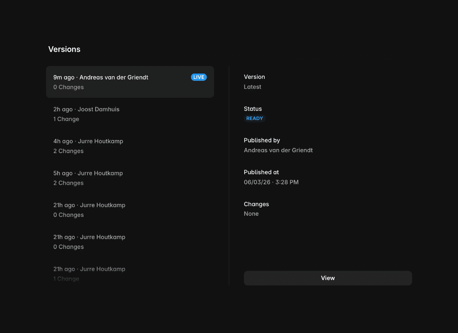A dashboard displaying a list of software versions with their statuses, update timestamps, authors, and deployment options. The "Latest" version is marked as "Staged", while another version is marked as "Live".