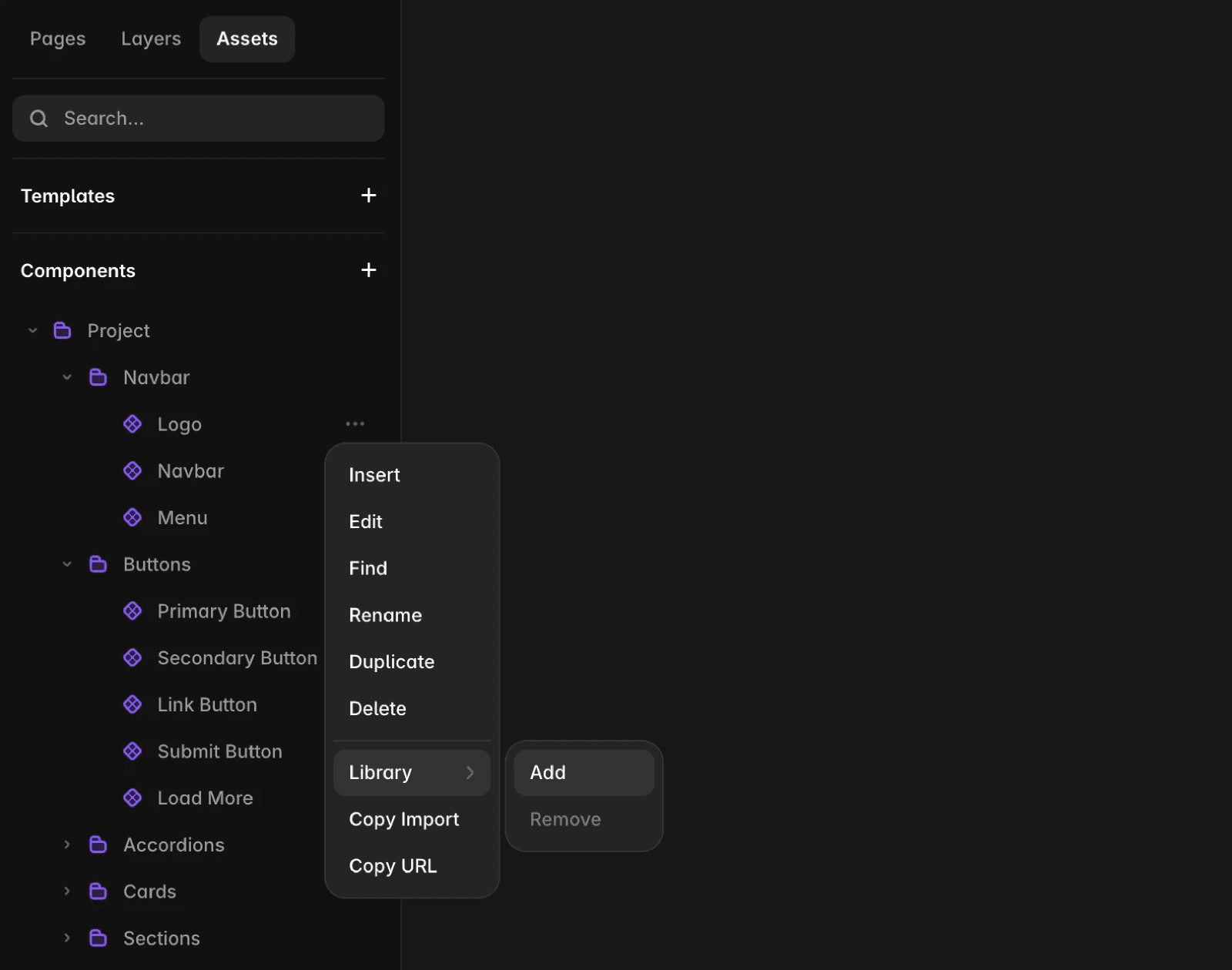 Shows the Assets panel and the dropdown with the option ‘Add to Library’.