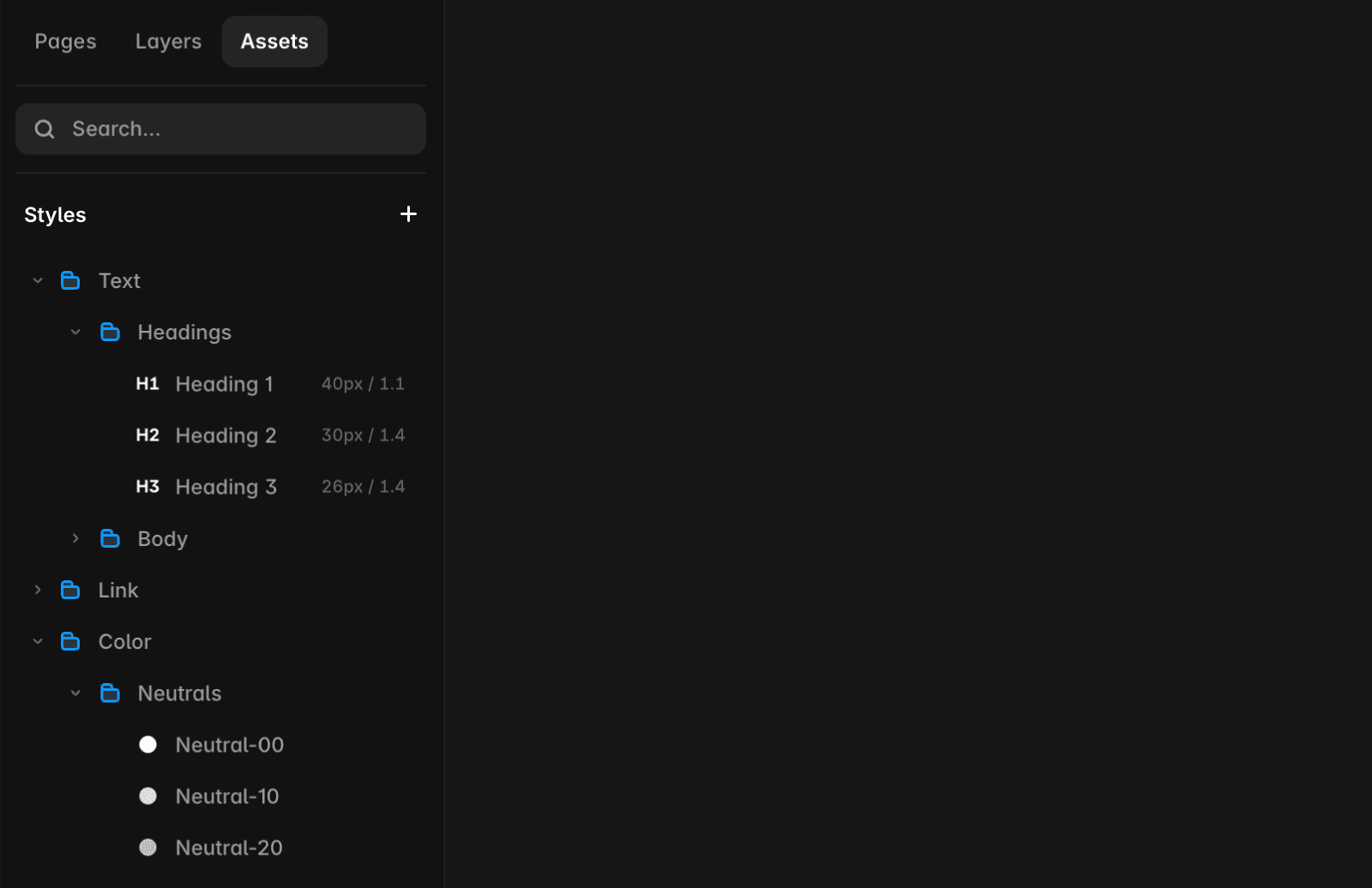 Assets panel showing text and color styles
