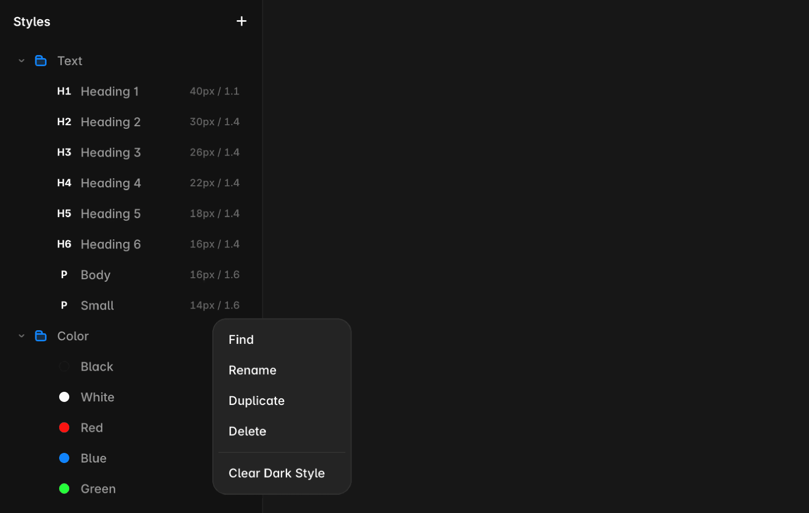 The image shows a digital interface with a clear dark style, featuring a contextual menu for text formatting options within a design tool, highlighting selections such as red, green, and blue colors, and editing functions like find, rename, and duplicate.